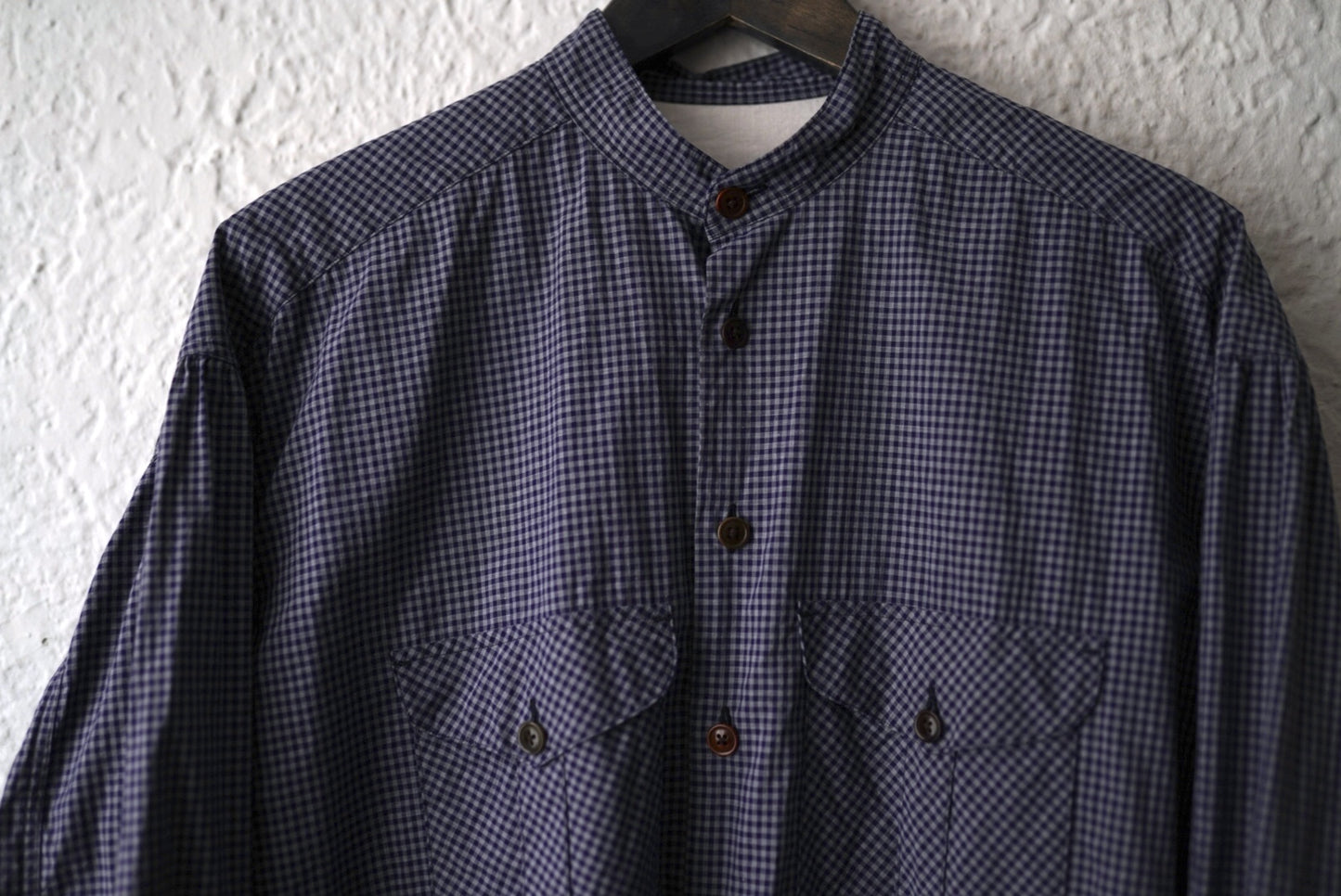24SS French Stand Collar Work Shirts バンドカラーオーバーサイズチェックシャツ / the Crooked Tailor(ザ クルーキッドテーラー)
