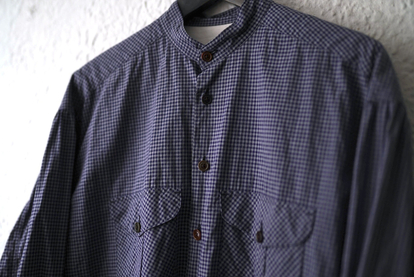 24SS French Stand Collar Work Shirts バンドカラーオーバーサイズチェックシャツ / the Crooked Tailor(ザ クルーキッドテーラー)