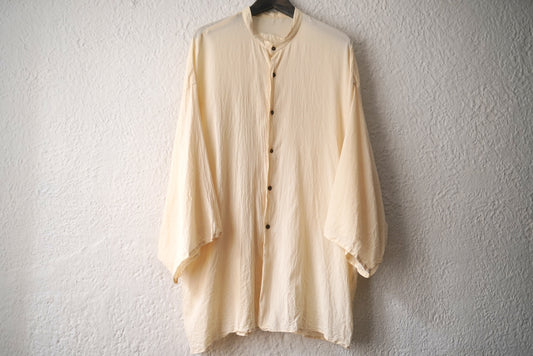ハンドメイドバンドカラーシルクオーバーサイズ着物シャツ / 灰草