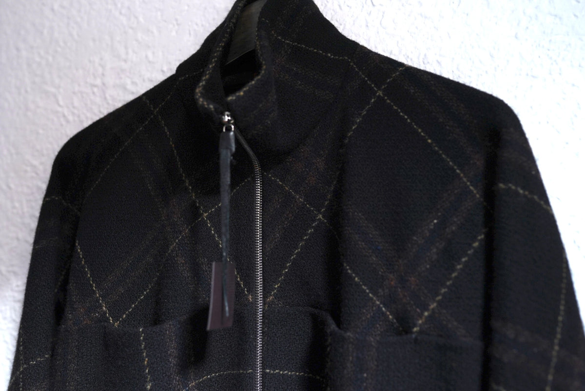 21AW Zipped Tall Collar Shirt ウールチェックジップアップブルゾンジャケット / m.a+(エムエークロス)